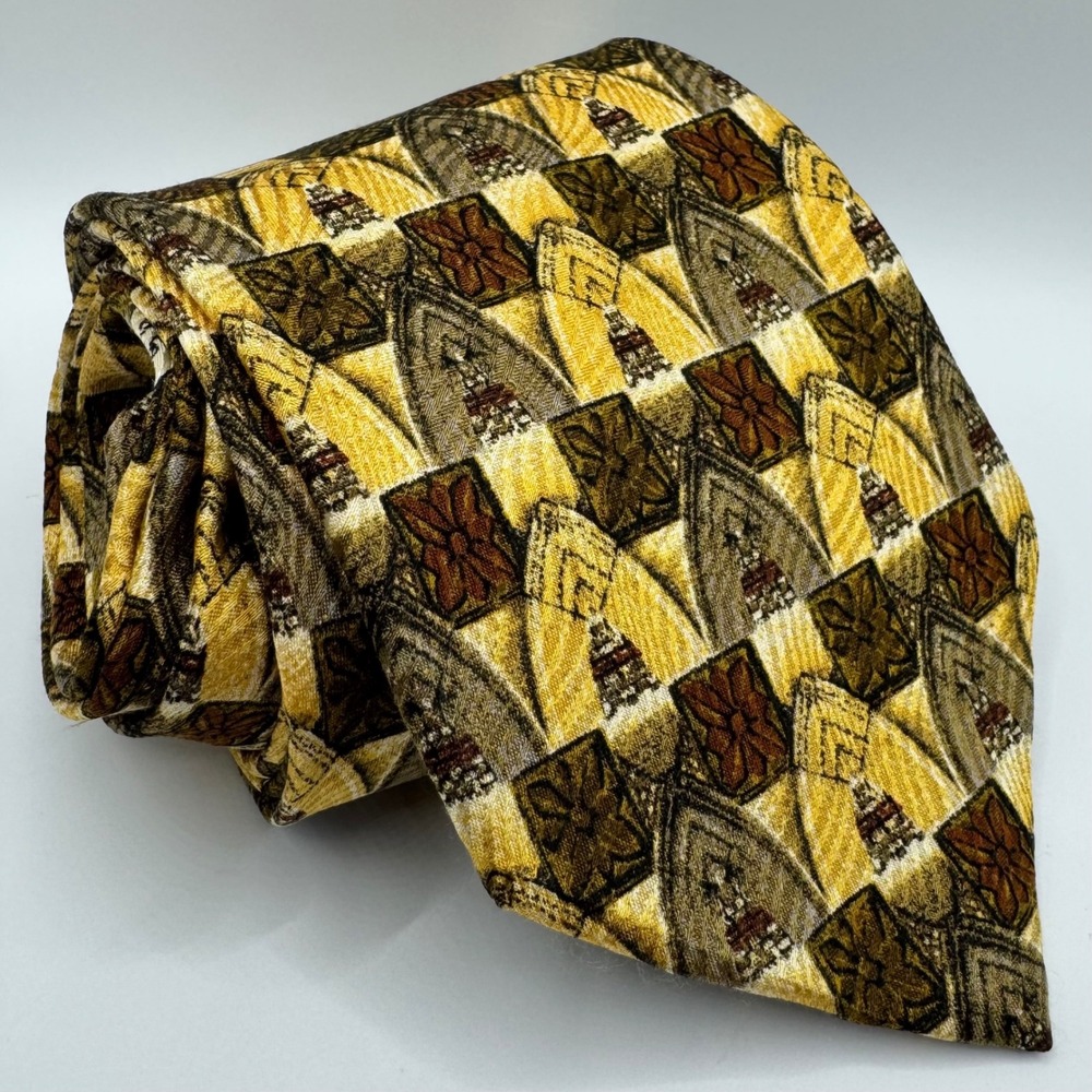 Ermenegildo Zegna Silk Tie Yellow Brown Geometric Floral Italy Books Luxury
